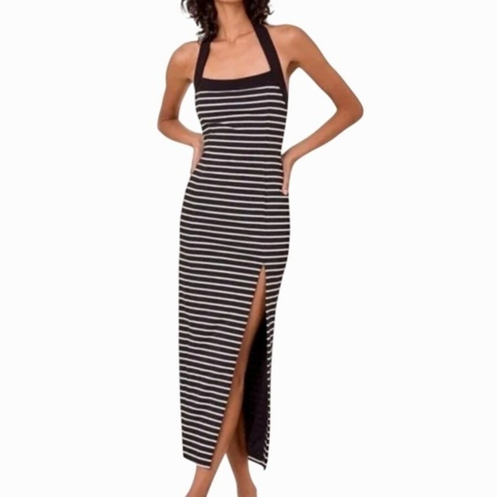 Nicholas Jane Dress Medium Black White Stripe Halter Side Slit Maxi Bodycon